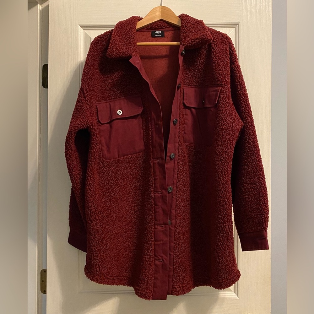 Ardene Women’s Burgundy Teddy Jacket with Button & Pocket Details - Size L